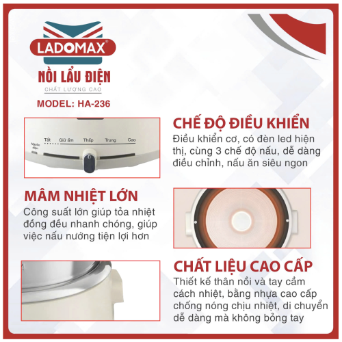 Nồi lẩu điện lòng Inox Ladomax HA-236