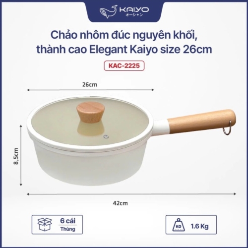 Chảo nhôm đúc nguyên khối thành cao Elegant Kaiyo 26cm KAC-2225