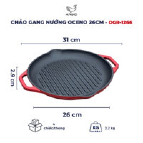 Chảo gang nướng Oceno 26cm màu đỏ OGR-1266