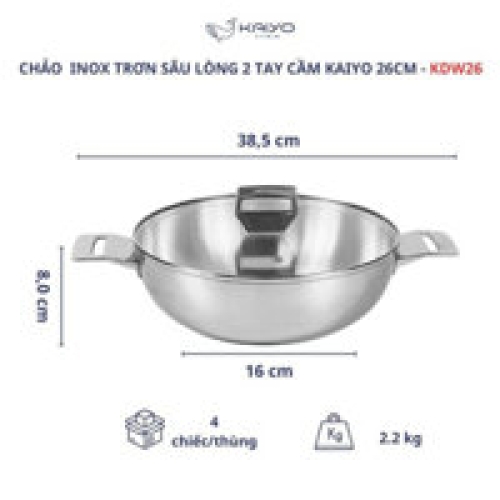 Chảo inox 3 lớp đáy liền sâu lòng Tri-Ply Kaiyo 2 tay cầm 26cm KDW-3628